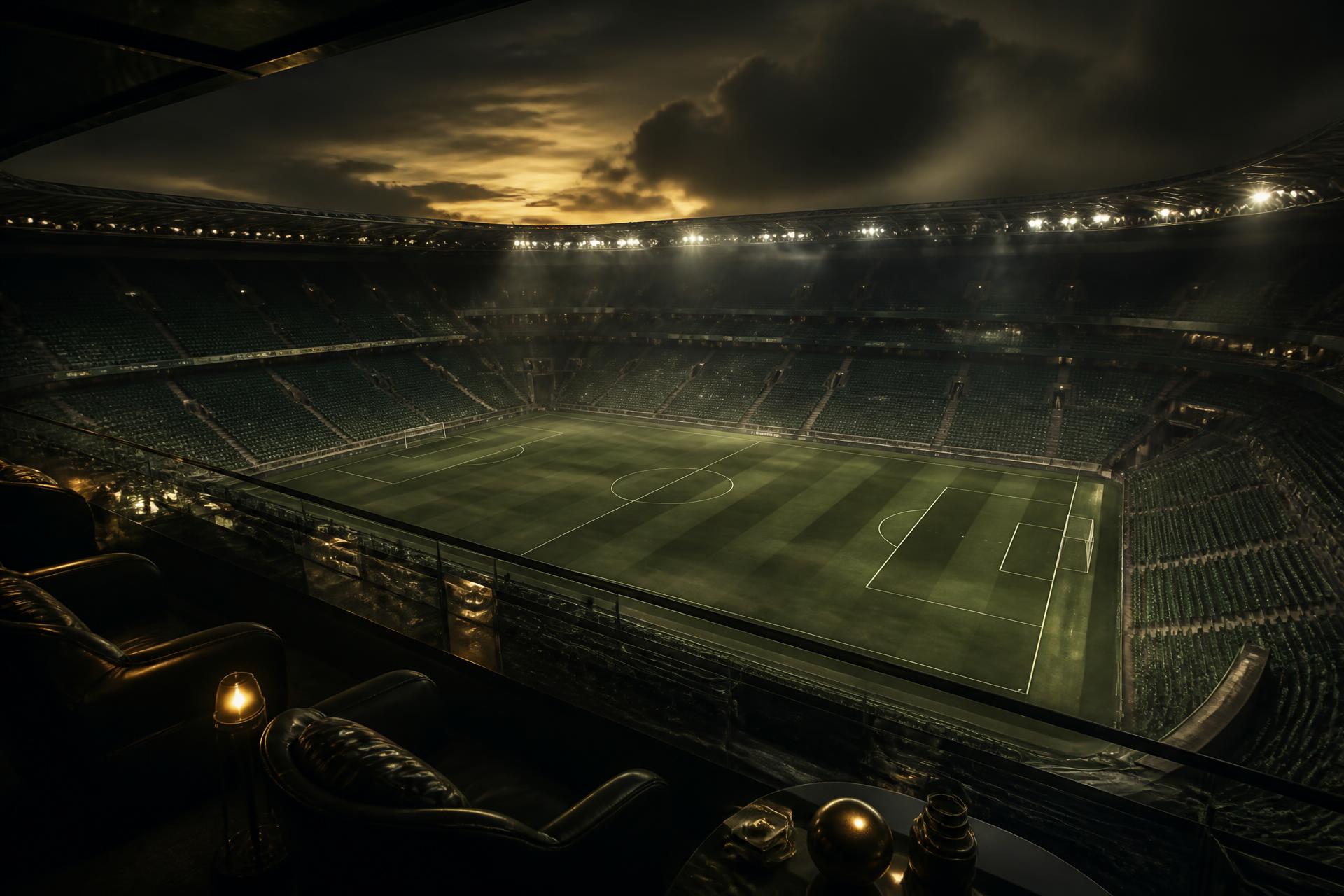 Estadio de fútbol profesional iluminado al atardecer visto desde un palco ejecutivo